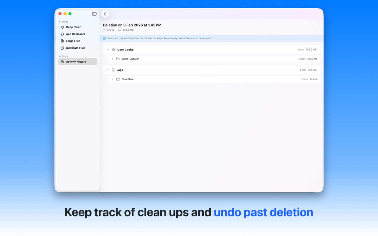 MyMacMaid Activity History - Track cleanups and undo