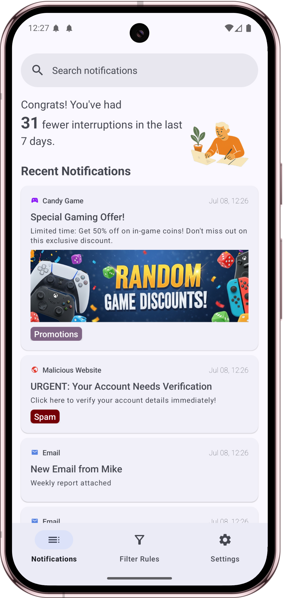 Notifiltr app showing Motorola notification history management